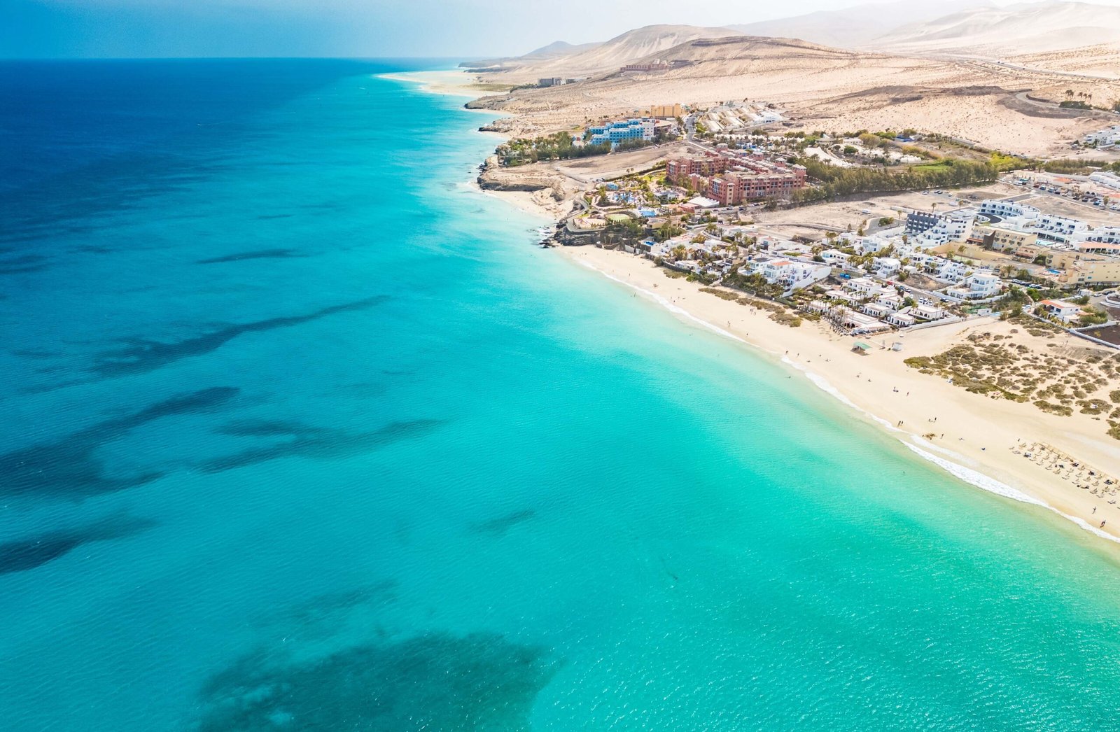 Aerial drone view of Costa Calma beach during the sunset,Fuerteventura, Canary Islands, Spain